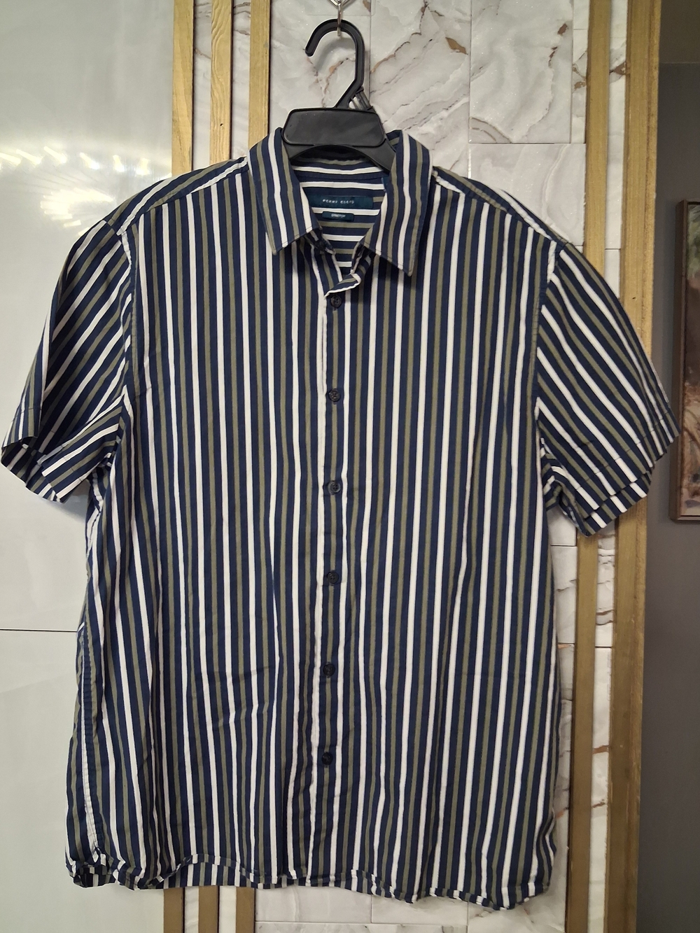 Perry Ellis Navy and White Vertical Stripe Short-Sleeve Button-Down